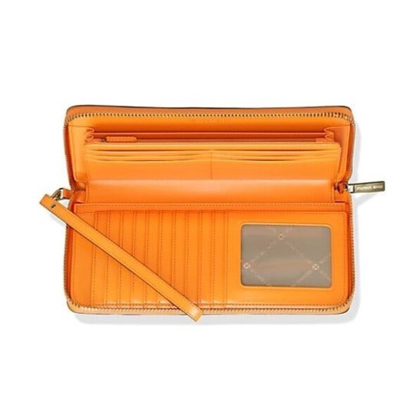 New Michael Kors Jet Set Large Travel Continental Wallet Leather Pop Orange - Picture 3 of 3